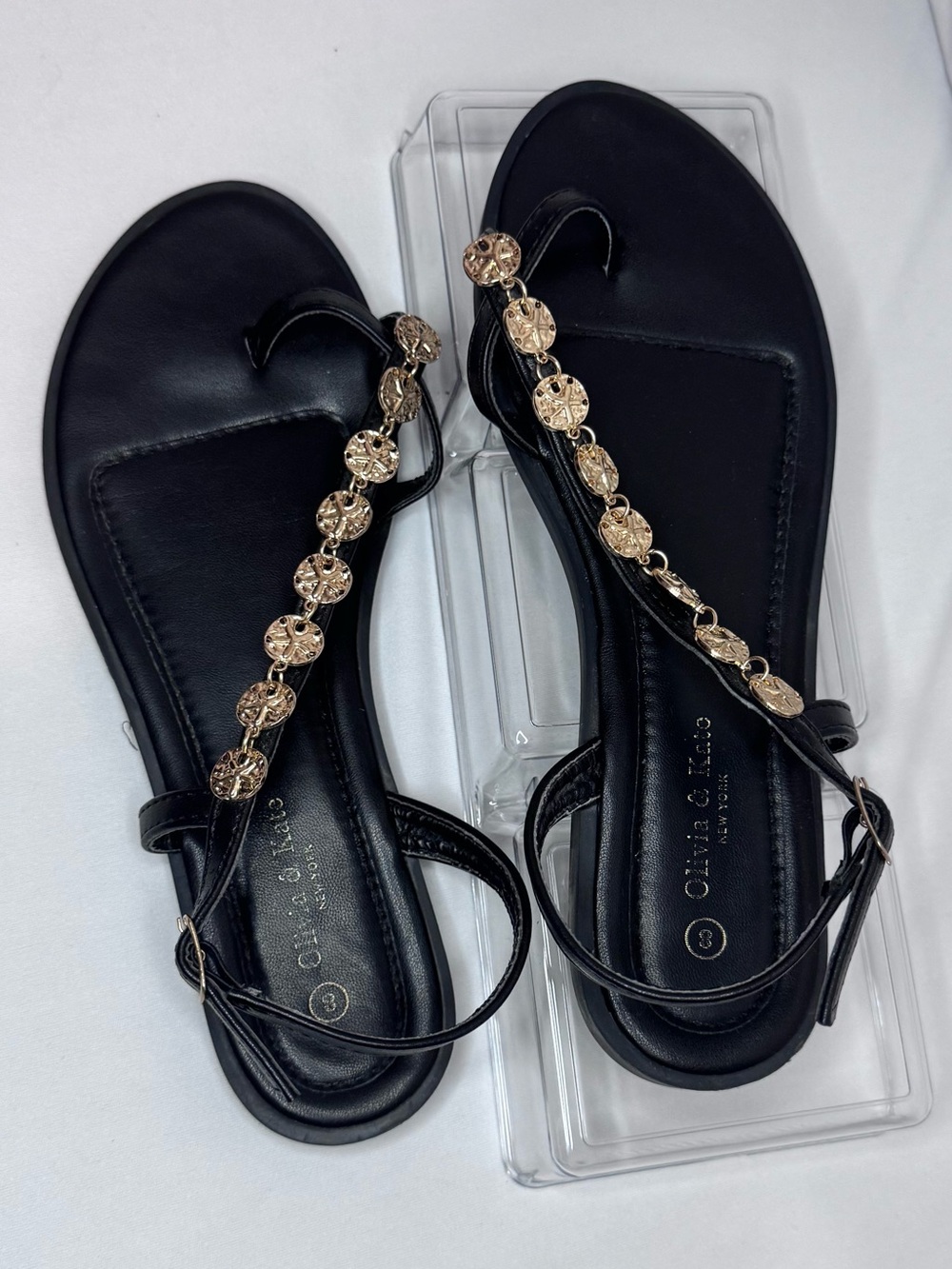 Olivia & Kate NY Coin Embellished Flat Thong Sandals Black - Picture 2 of 6